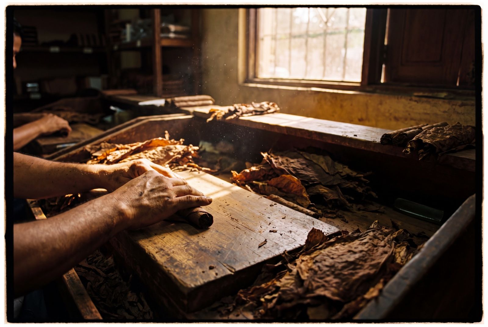 Hands rolling a cigar at a wooden workbench in a cigar factory